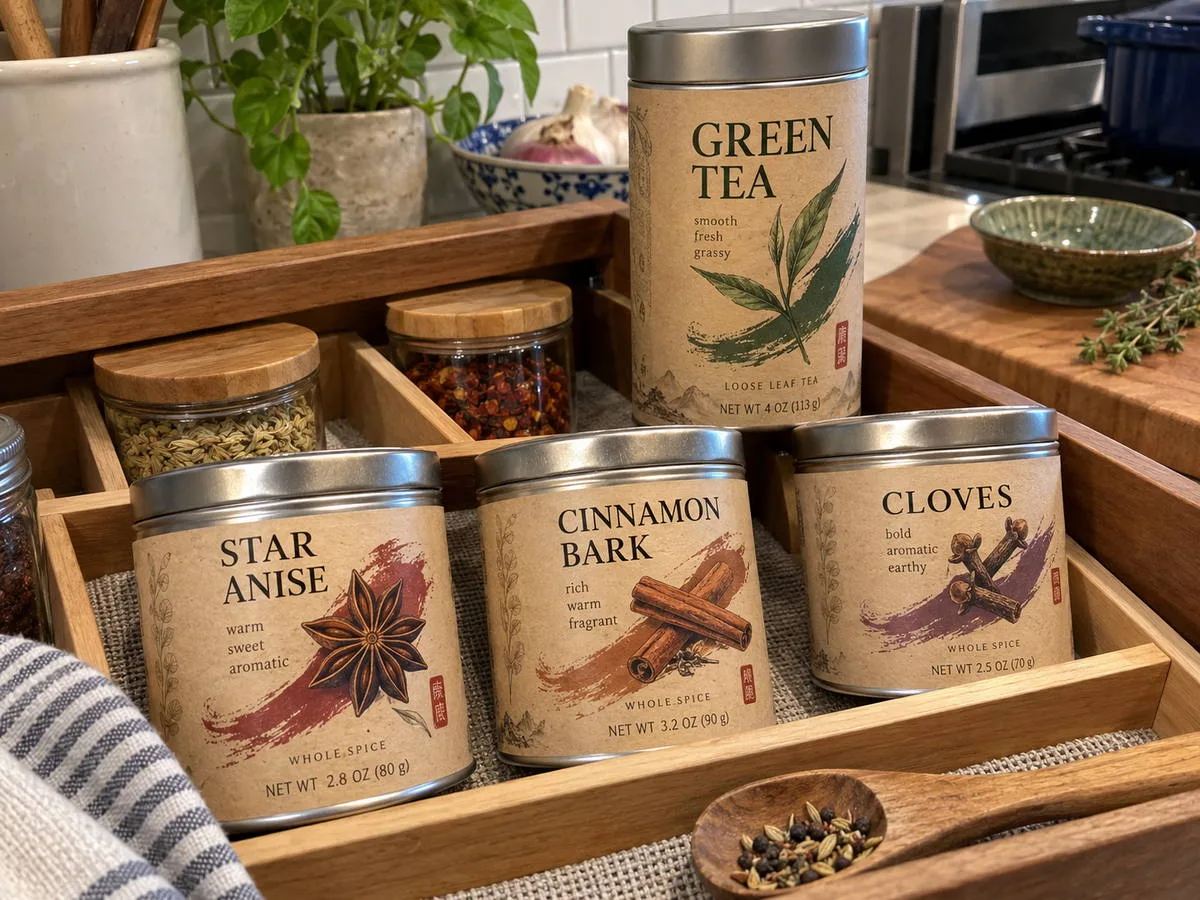 Kraft spice tin labels tea caddy