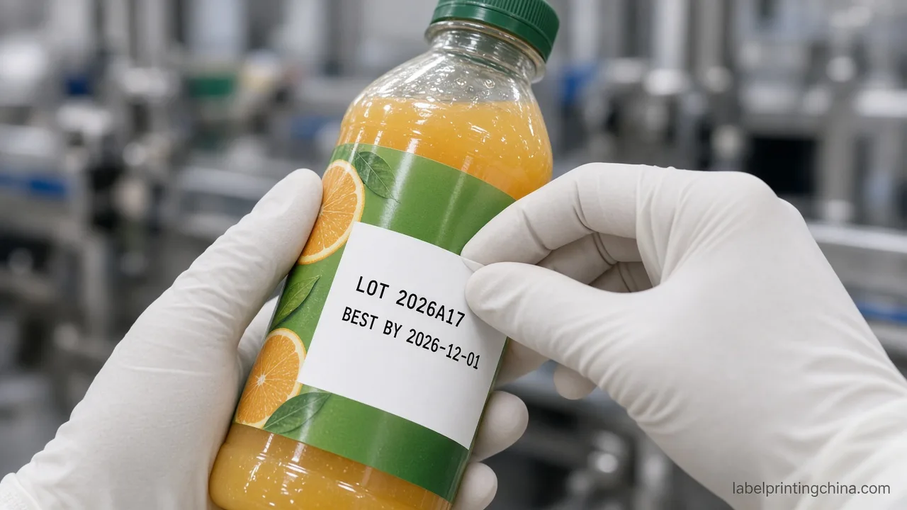 Technician checking lot code adhesion and readability on labeled bottle