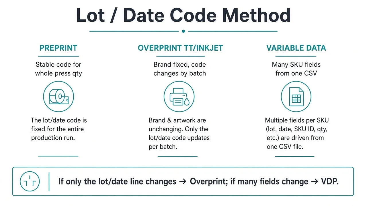 Decision chart comparing preprint, overprint, and variable data for lot and date codes