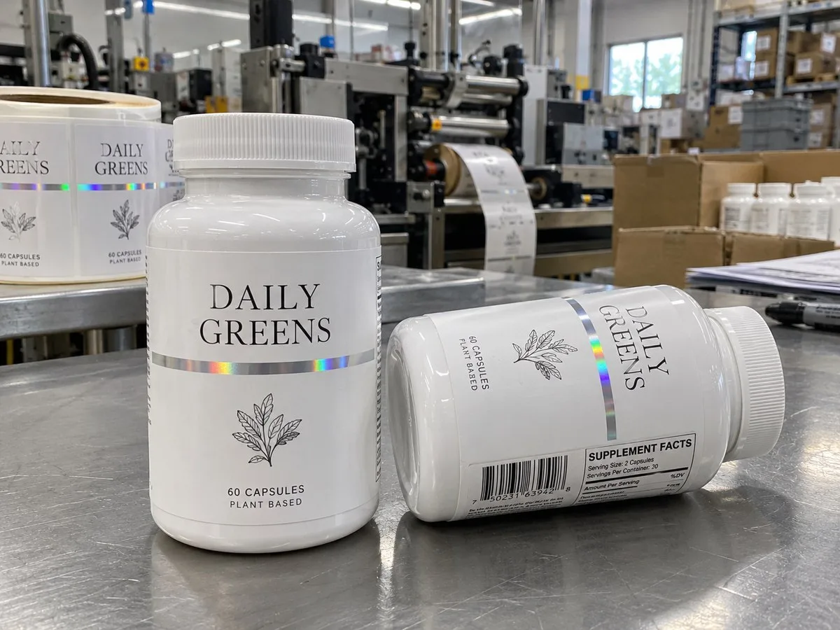 minimal white ink holographic supplement bottle labels