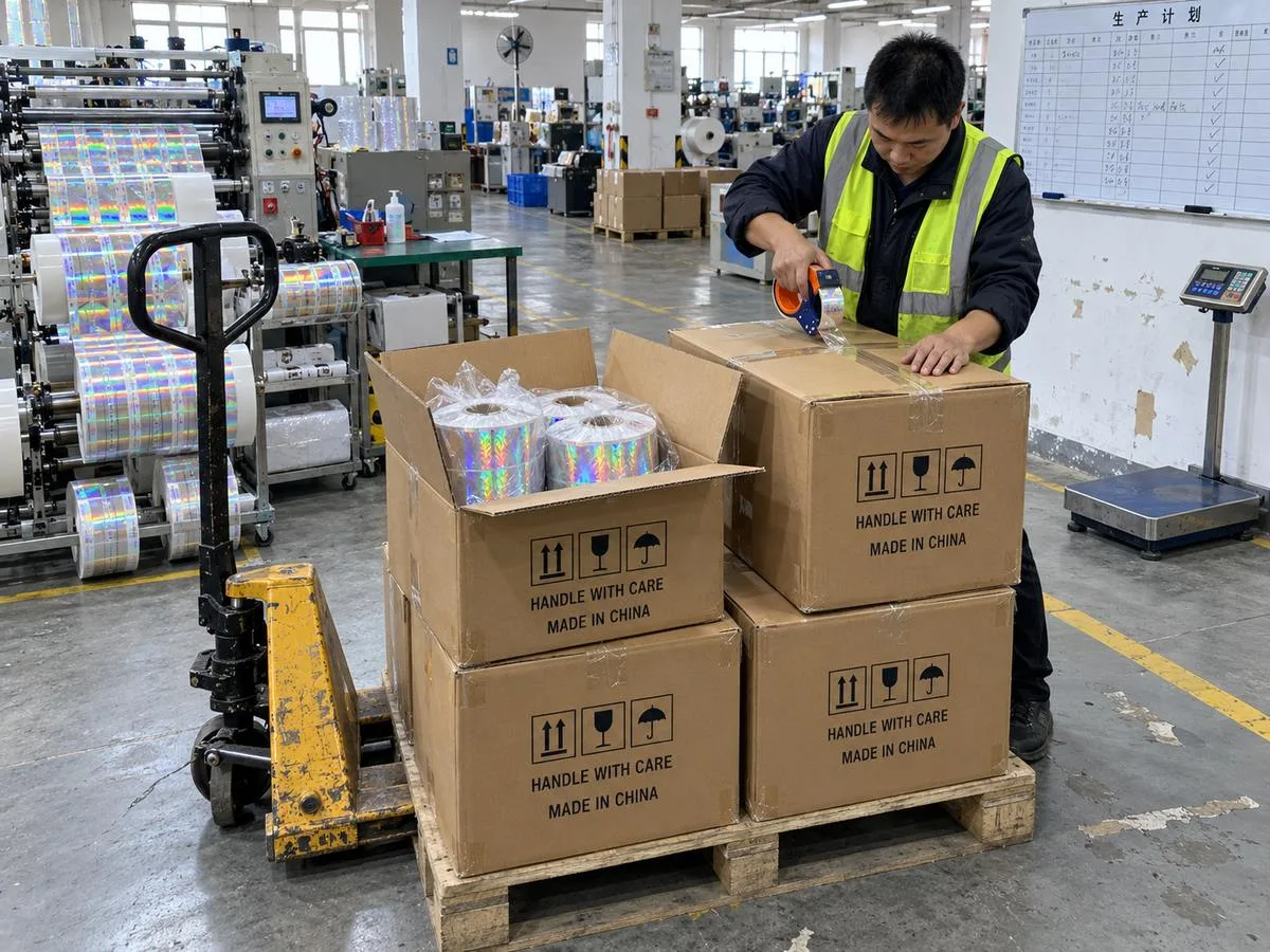 packed holographic label cartons export shipment
