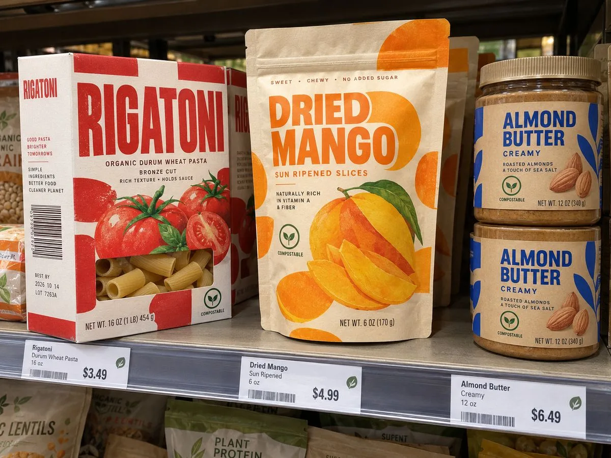 Paper based compostable labels retail shelf