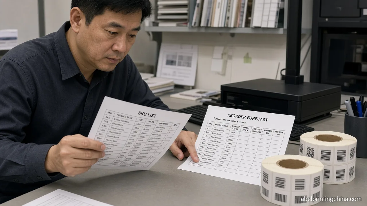 Planner checking SKU count against a reorder forecast sheet