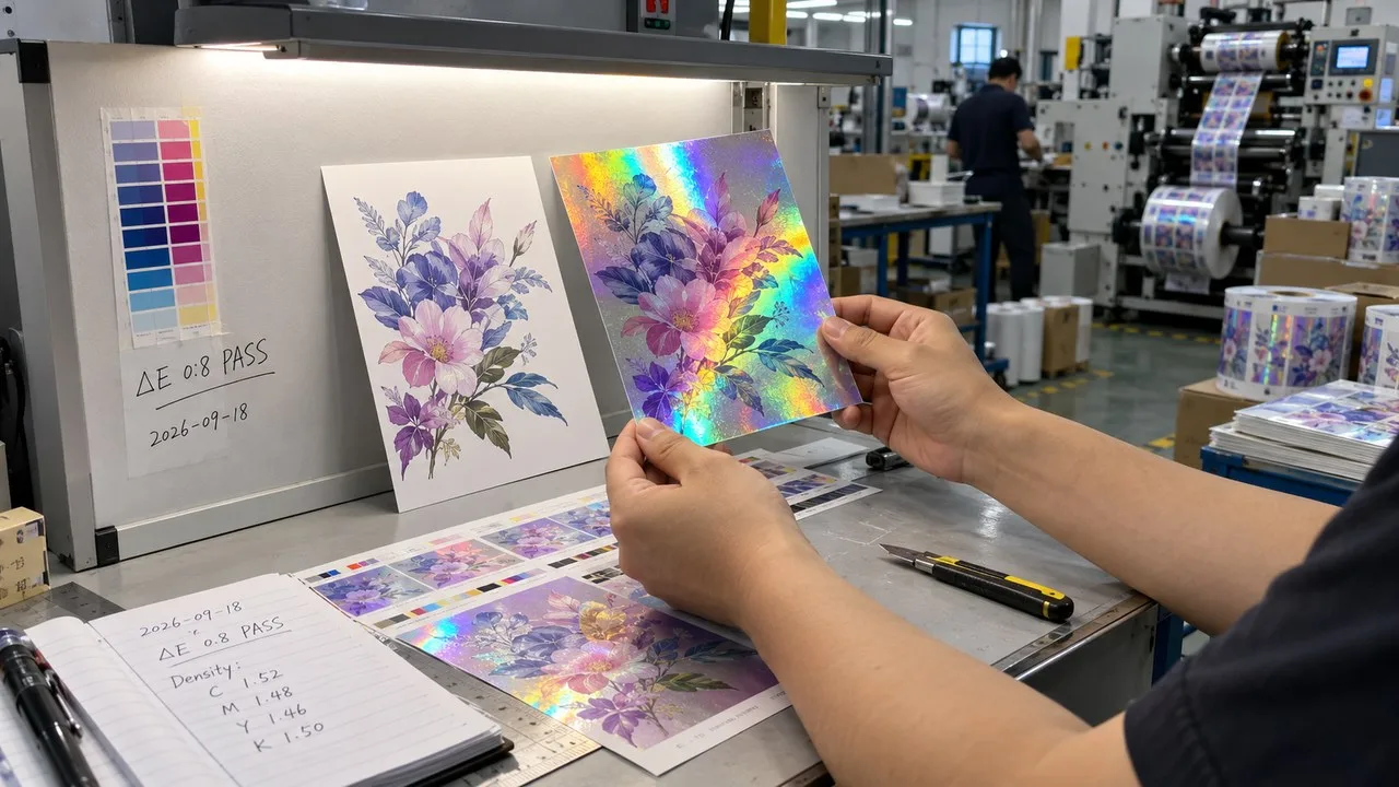 printed holographic proof swatch under shop light