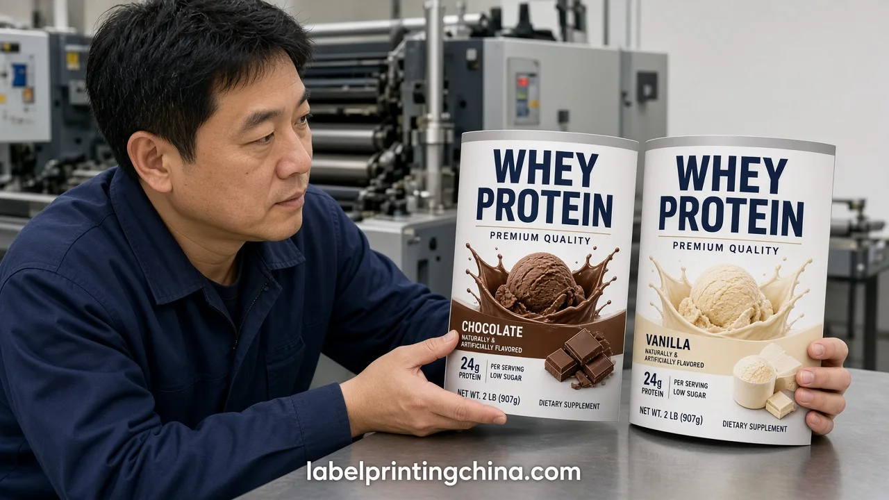 Chinese prepress comparing multi-flavor protein tub label layers