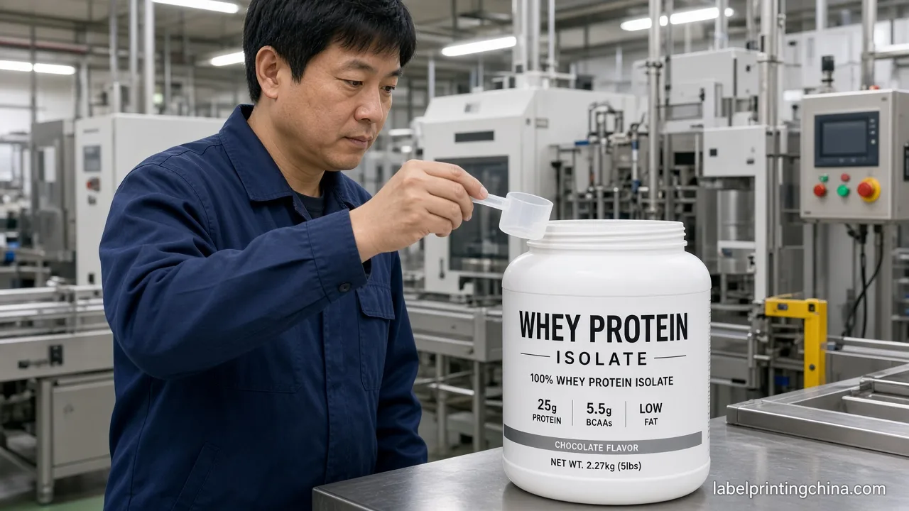 Chinese technician scoop-rub testing film label on protein tub
