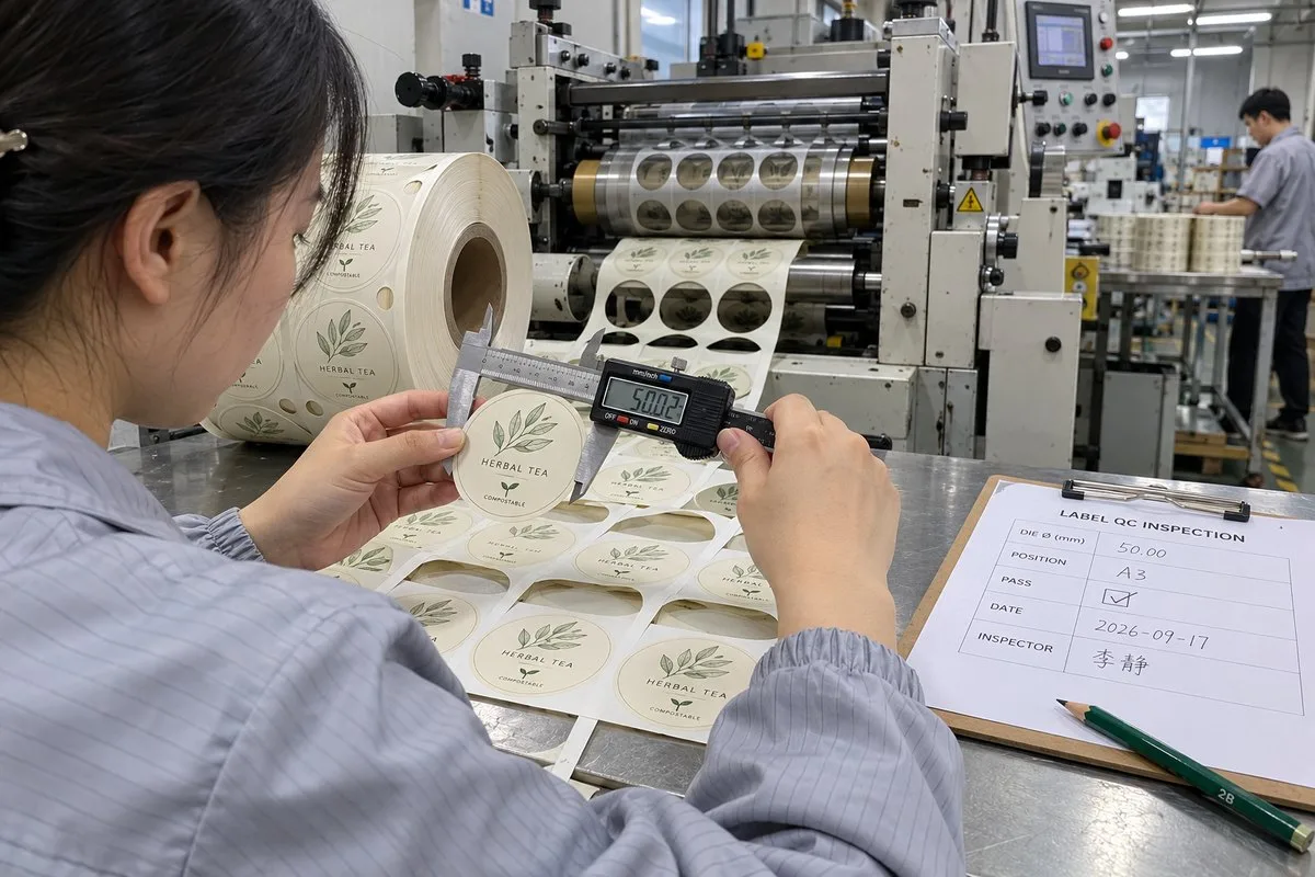 QC die cut compostable labels inspection