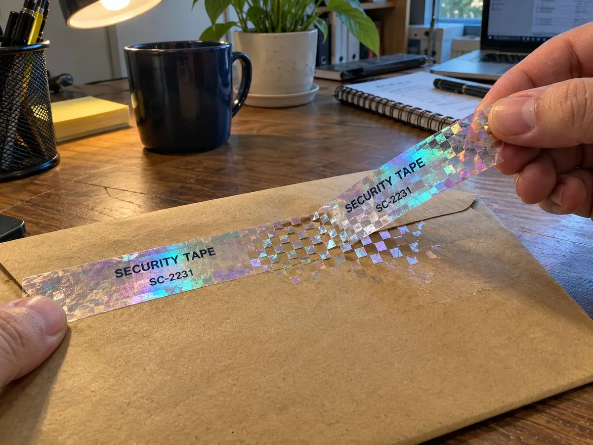 Security-cut polyester seal splitting along checkerboard cut lines
