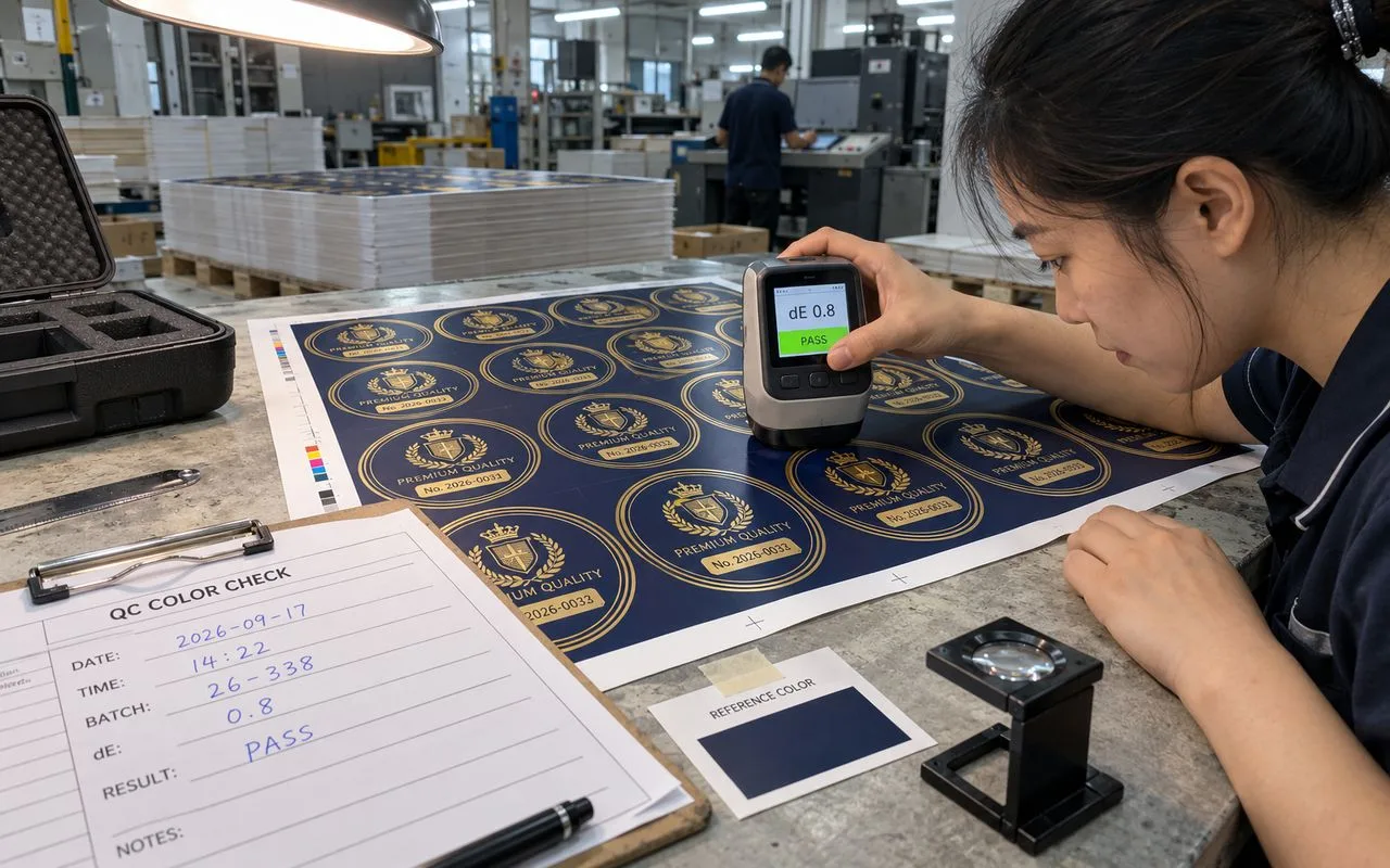 Spectrophotometer reading color on a printed seal run