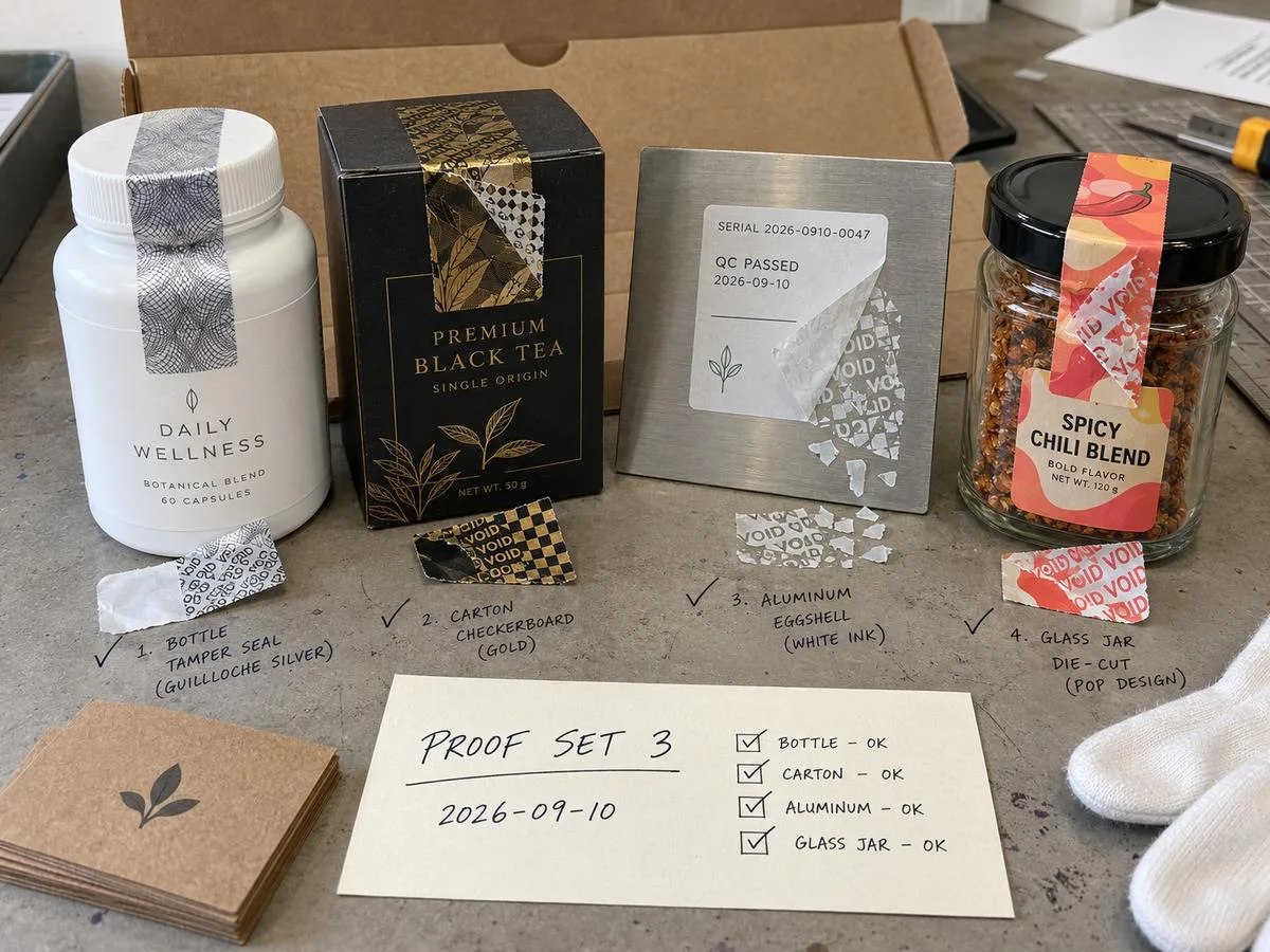 Tamper evident sample pack with proof labels on real materials