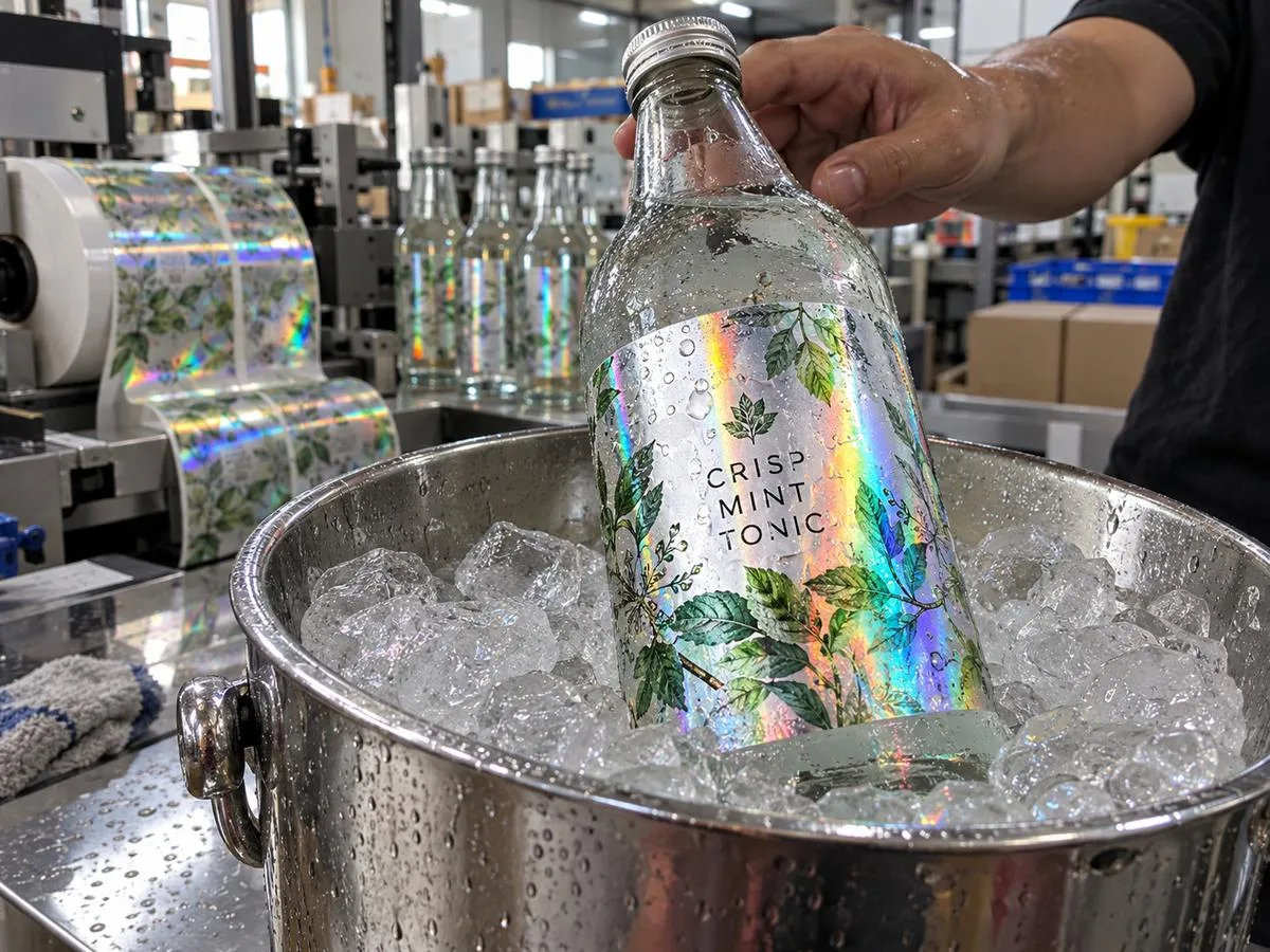 waterproof holographic label bottle in ice bucket