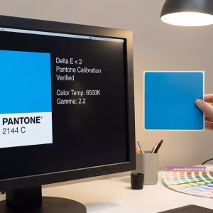 Professional Color Matching Comparison Between A Digital Pantone Monitor And A Physical Custom Roll Label.