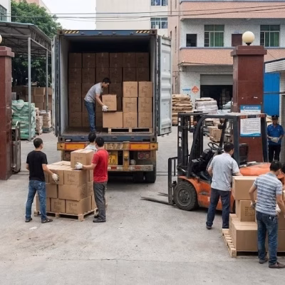 Workers Loading A Shipping Container At The Factory Gate For Secure Ddp International Delivery And Blind Shipping. Workers Loading A Shipping Container At The Factory Gate For Secure Ddp International Delivery And Blind Shipping.